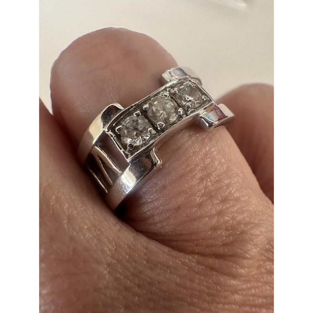 Stunning Roman Numerical Silver Band Ring with Three Clear Stones